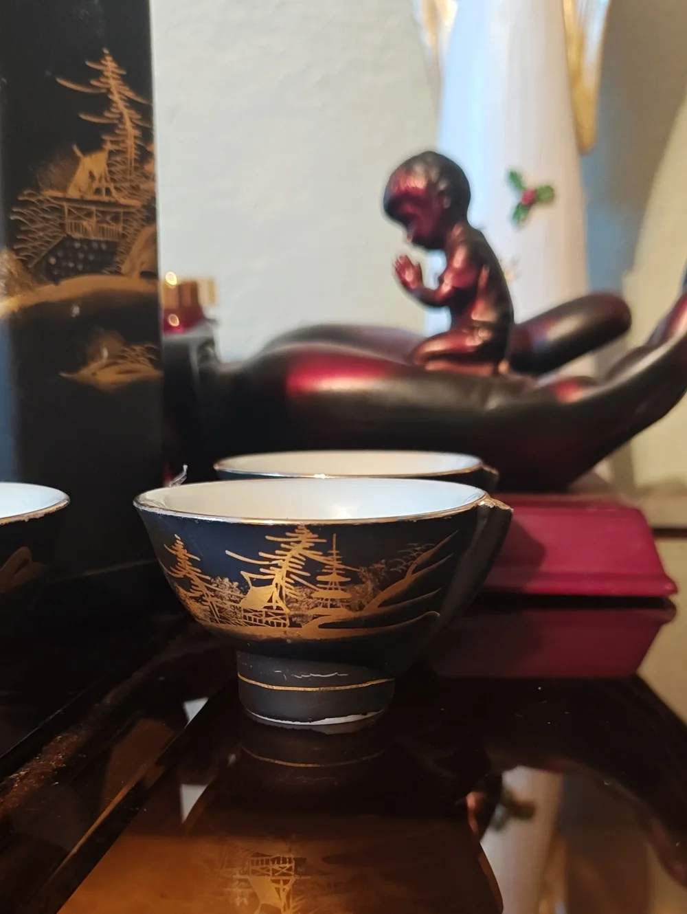 Vintage Black & Gold Asian Ceramic Sake Set - 5 Pieces